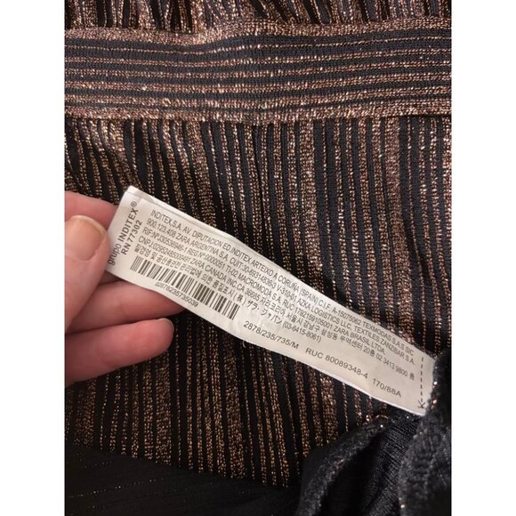 Zara Wrap Dress Black & Copper Pinstripe Metallic Medium NYE Party Holiday Club - Picture 5 of 8